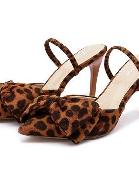 Women's Leopard Suede Bow Heels Slingback Pumps Suede Closed Pointed Toe Shoes